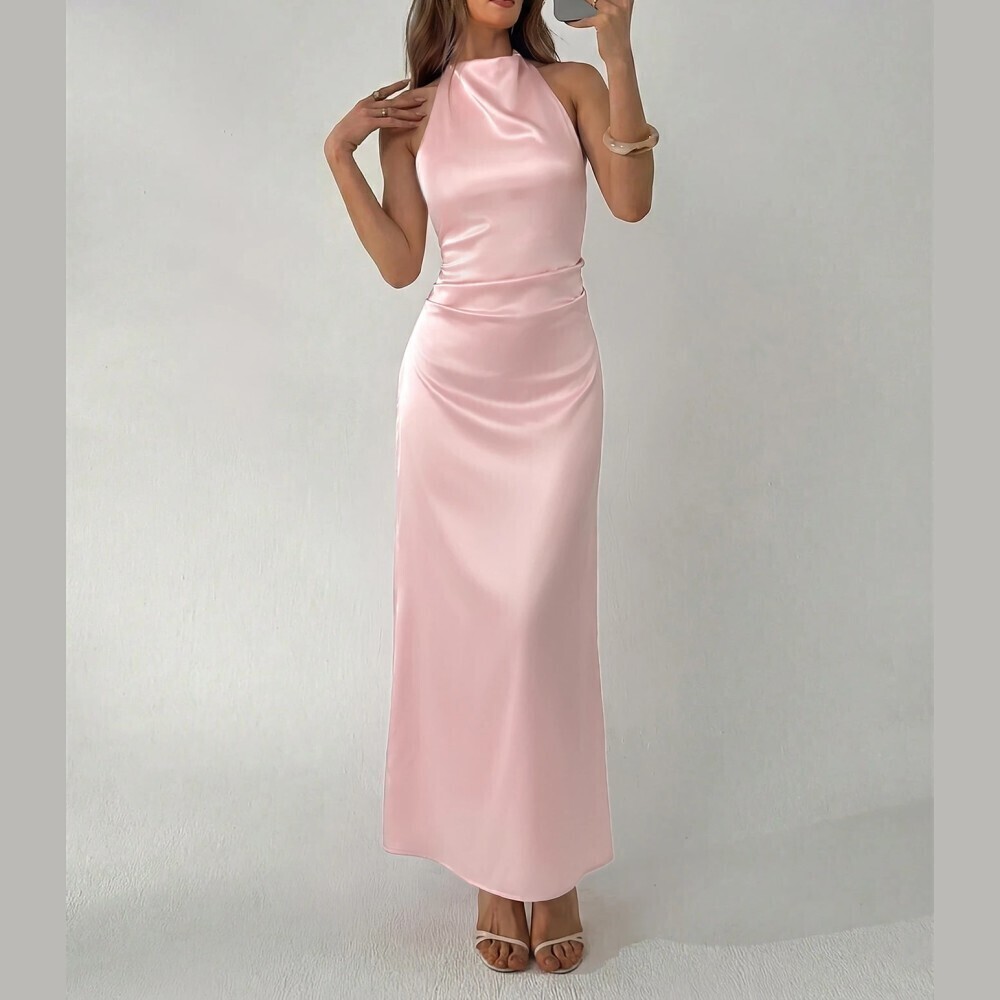 Blush Pink Satin Halter Neck Slim Fit Maxi Dress